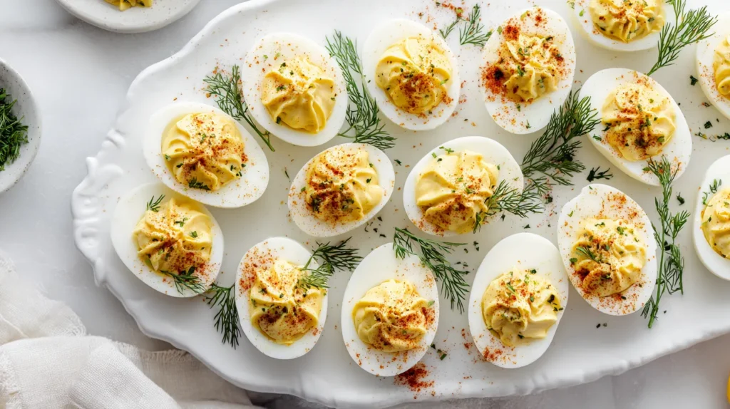 Overhead food photography of a large white ceramic platter holding neatly arranged deviled eggs, every egg white cavity brushed with pickle brine before filling, each egg topped with a piped swirl of yolk mixture, smoked paprika, cracked black pepper, lemon zest, and small fresh dill sprigs, bright white marble kitchen countertop, soft natural window light, airy editorial food styling, realistic egg texture, clean garnish placement