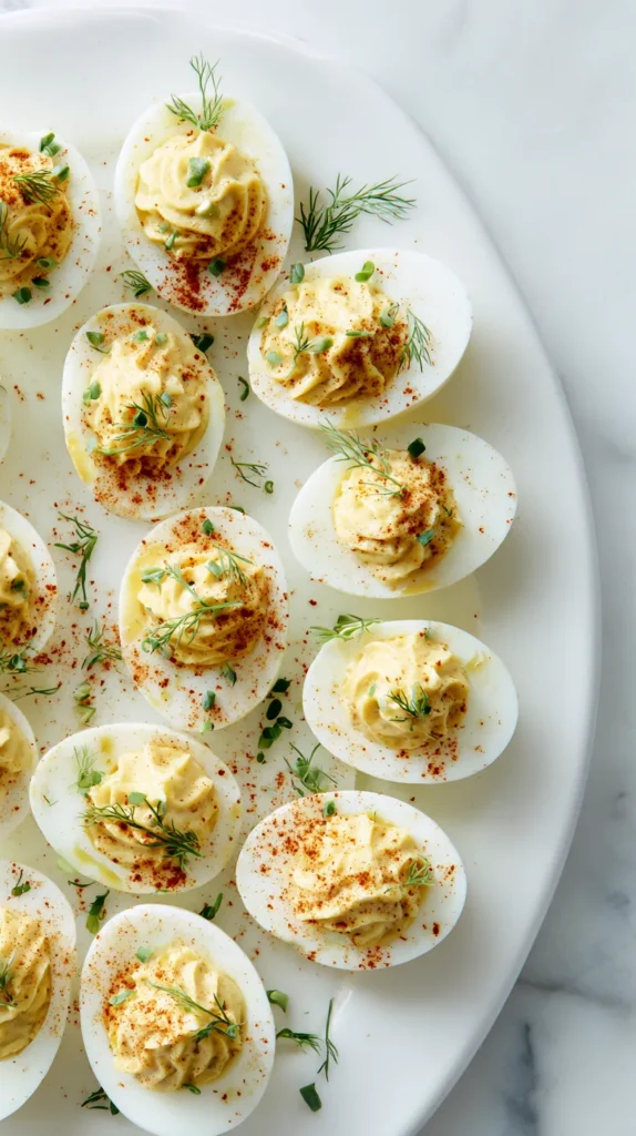 Overhead food photography of a white ceramic platter filled with deviled eggs, each egg white cavity brushed with pickle brine, topped with creamy piped yolk filling, and finished with smoked paprika, cracked black pepper, lemon zest, and fresh dill, arranged to clearly show the flavor-layering concept, on a bright white marble kitchen countertop, soft natural window light
