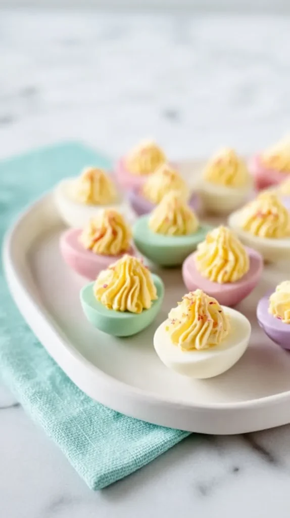 pastel colored deviled eggs on a white platter, with light teal napkin