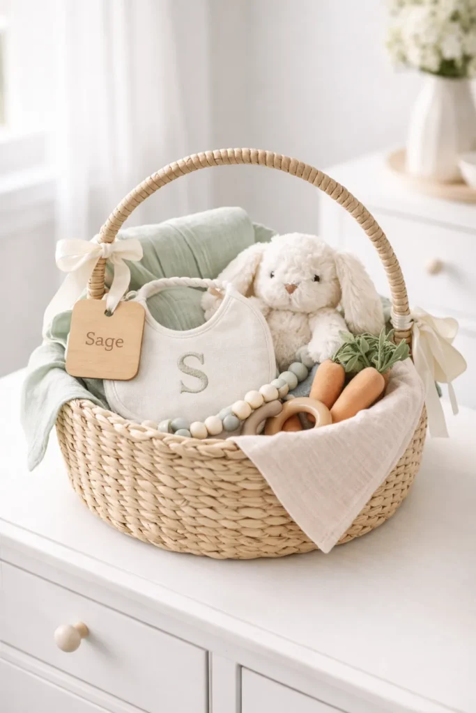 newborn Easter basket on a white nursery dresser, neutral-toned woven basket lined with a soft blush muslin blanket, wooden name tag, with the name, "Sage tied to the handle with a satin ribbon, monogrammed baby bib with the letter S, pastel green swaddle blanket, plush white bunny lovey, silicone pacifier clip with soft neutral beads, tiny fabric baby-safe teething carrots, soft natural nursery styling