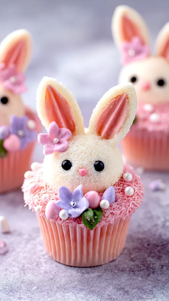 cute Easter bunny cupcake with icing flowers