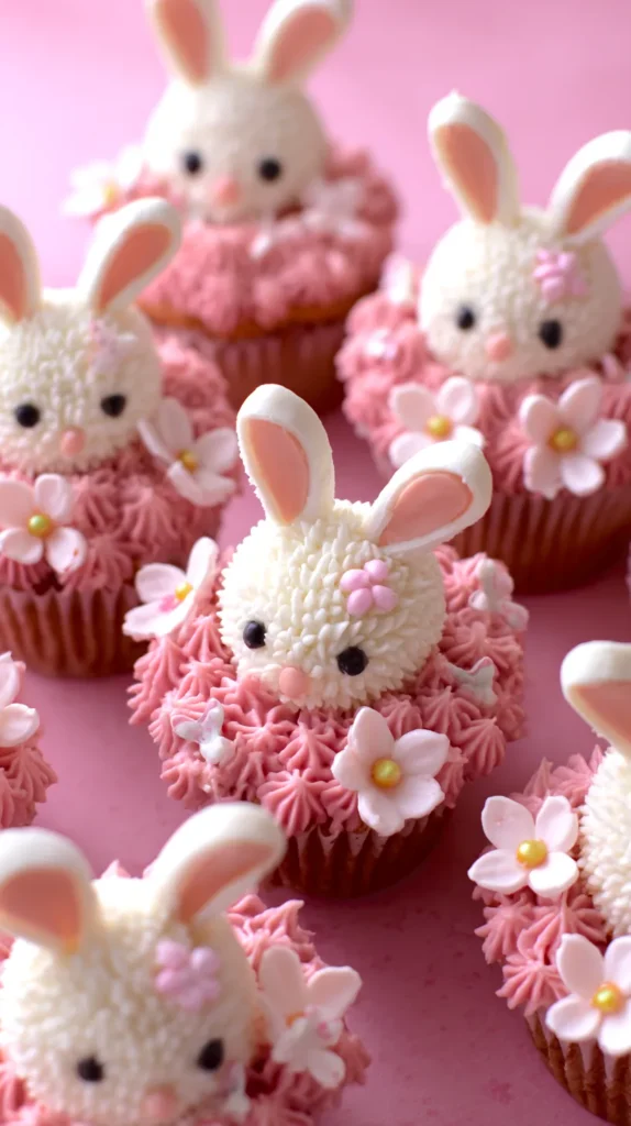pink and white decorative easter bunny cupcakes
