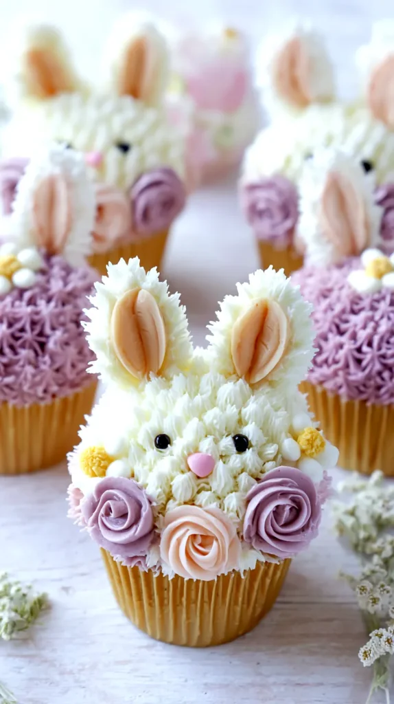 easter bunny cupcakes with icing flowers