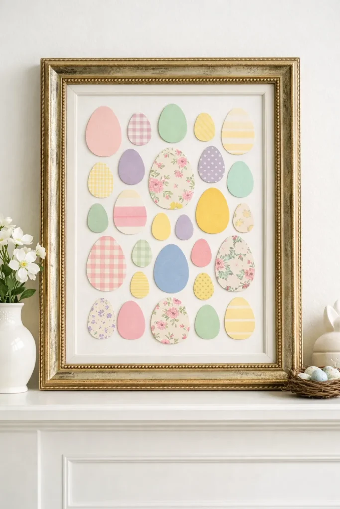 Framed Easter egg swatch board on a white mantel with pastel patterned paper eggs in different sizes inside a vintage-style frame.