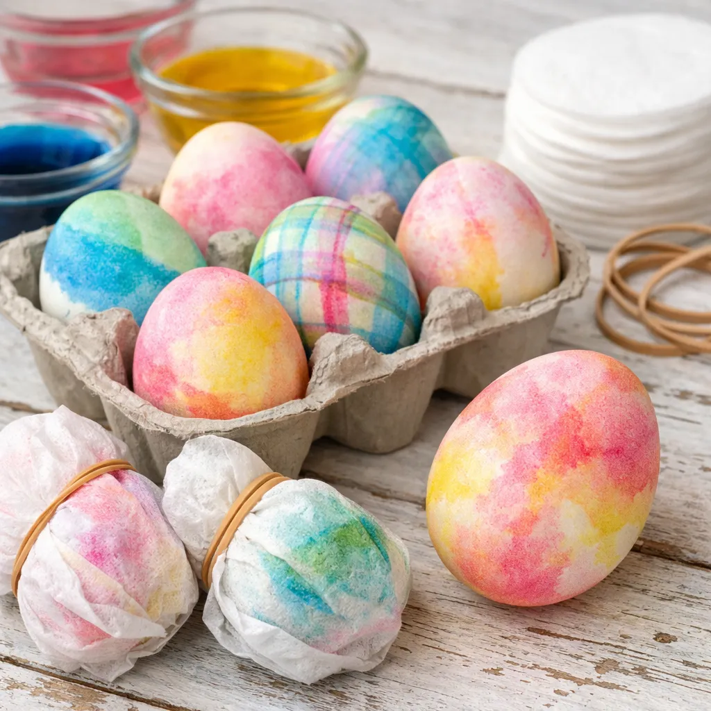 Pastel Easter eggs dyed with a watercolor-style wrap technique sit in a gray egg carton on a wooden table beside small bowls of colorful dye and cotton rounds.