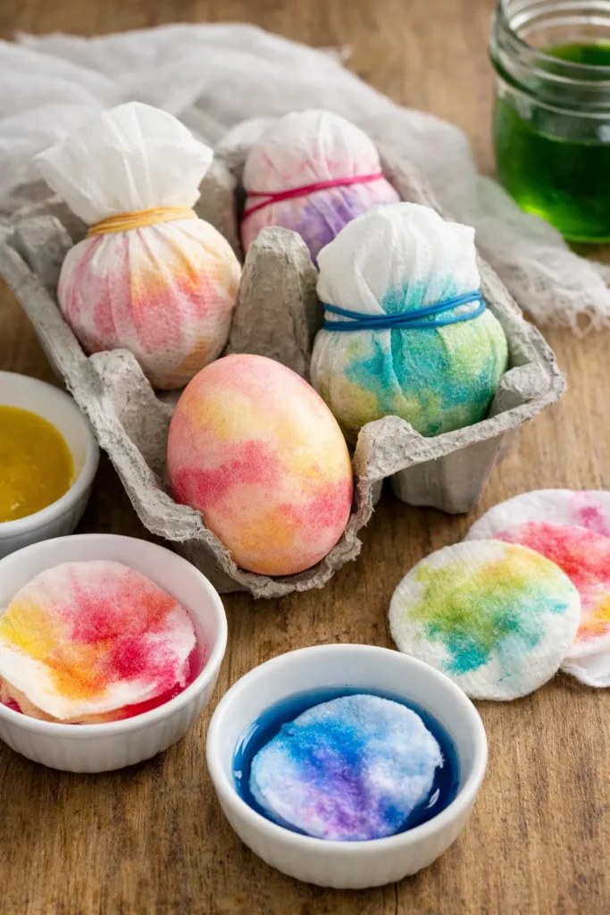 Pastel Easter eggs dyed with a watercolor-style wrap technique sit in a gray egg carton on a wooden table beside small bowls of colorful dye and cotton rounds.