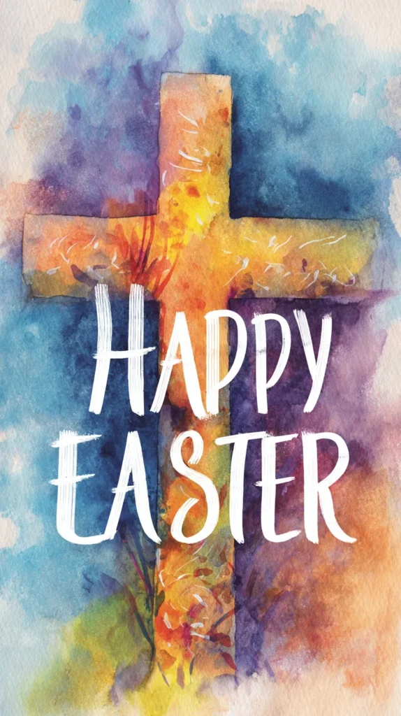 Happy Easter with a cross, watercolors