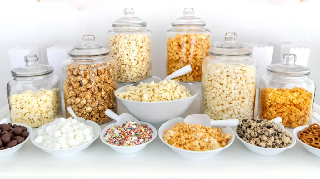 hyper-realistic photo of a stylish popcorn bar for a birthday party, set on a bright white table with crisp white bright lighting, featuring clear glass jars and white serving bowls filled with fluffy buttered popcorn, caramel popcorn, cheddar popcorn, kettle corn, mini marshmallows, chocolate candies, rainbow sprinkles, crushed cookies, pretzel pieces, and small scoops, with white paper popcorn boxes and a few pastel party decorations in the background, clean party styling, cheerful and inviting, simple setup, no people, no text, no watermarks