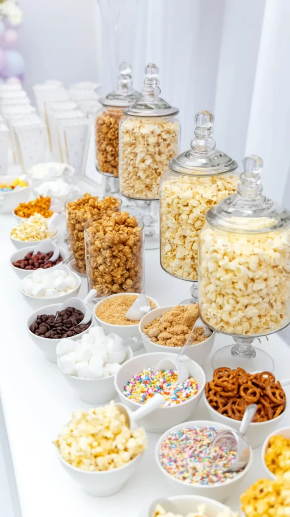 hyper-realistic photo of a stylish popcorn bar for a birthday party, set on a bright white table with crisp white bright lighting, featuring clear glass jars and white serving bowls filled with fluffy buttered popcorn, caramel popcorn, cheddar popcorn, kettle corn, mini marshmallows, chocolate candies, rainbow sprinkles, crushed cookies, pretzel pieces, and small scoops, with white paper popcorn boxes and a few pastel party decorations in the background, clean party styling, cheerful and inviting, simple setup, no people, no text, no watermarks