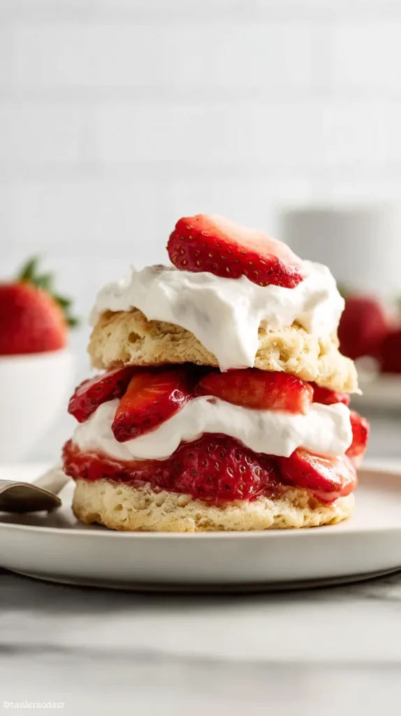 hyper-realistic photo of one finished individual strawberry shortcake on a simple white ceramic plate, golden-brown biscuit-style shortcake split and layered with glossy bright red sliced strawberries and thick fluffy white whipped cream, shortcake crumb tender and lightly rustic, strawberries juicy with a light syrupy sheen, whipped cream soft and airy with natural swirls, set on a white marble kitchen counter in a bright white kitchen, crisp white bright lighting