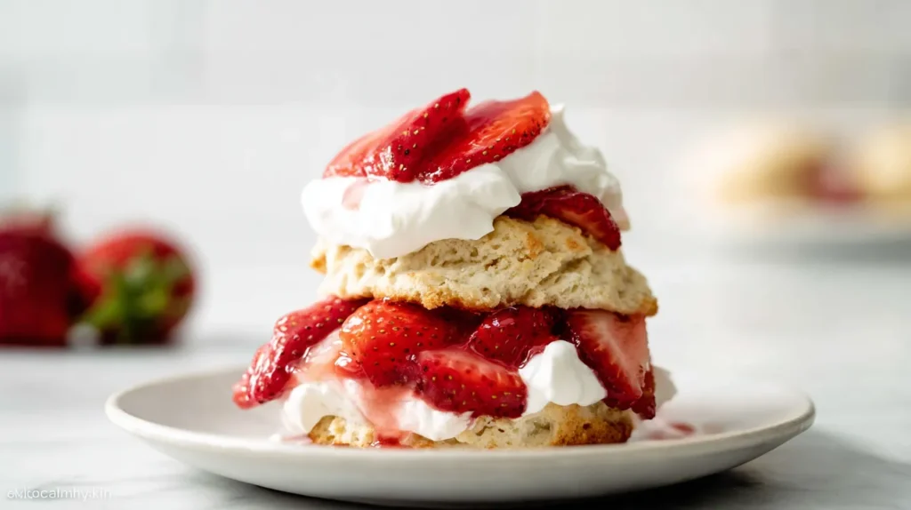 hyper-realistic photo of one finished individual strawberry shortcake on a simple white ceramic plate, golden-brown biscuit-style shortcake split and layered with glossy bright red sliced strawberries and thick fluffy white whipped cream, shortcake crumb tender and lightly rustic, strawberries juicy with a light syrupy sheen, whipped cream soft and airy with natural swirls, set on a white marble kitchen counter in a bright white kitchen, crisp white bright lighting