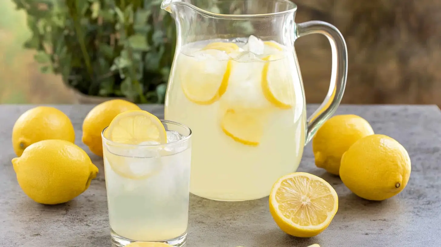 homemade lemonade pitcher with glass of lemonade, and lemon
