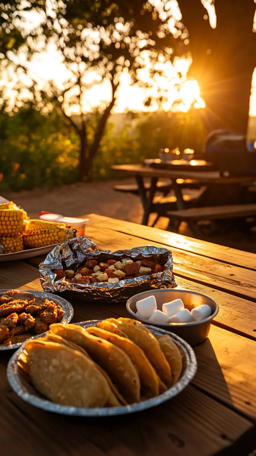 food outside on a picnic table at sunset