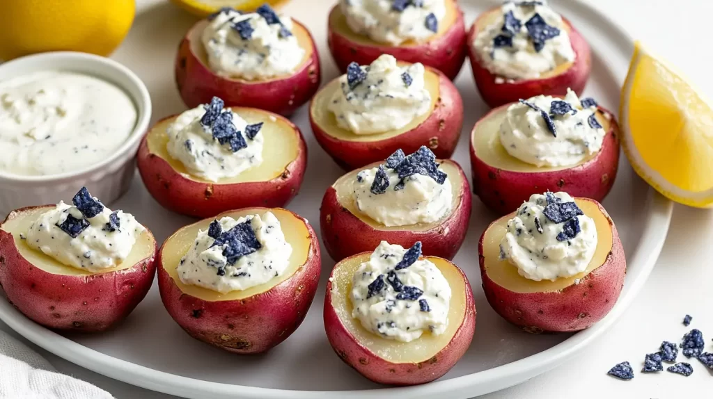 deviled potatoes, red white and blue theme, garnished with lemon on the side