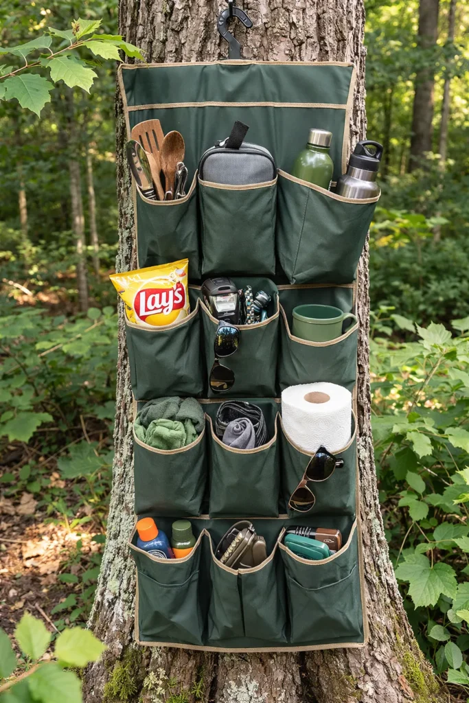 hanging organizer on a tree outdoors
