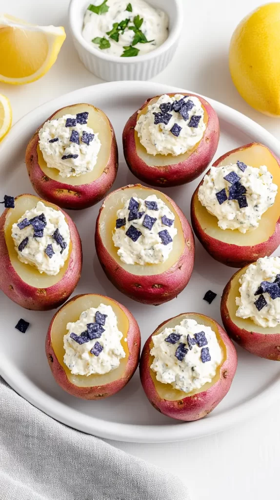deviled potatoes, red white and blue theme