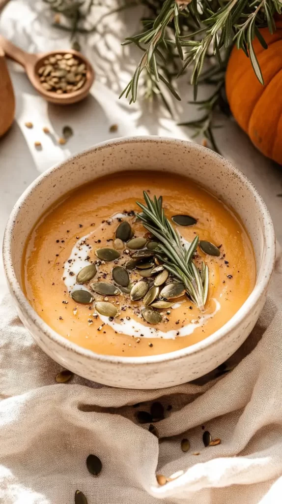 roasted butternut squash soup in a bowl with a sprig of rosemary