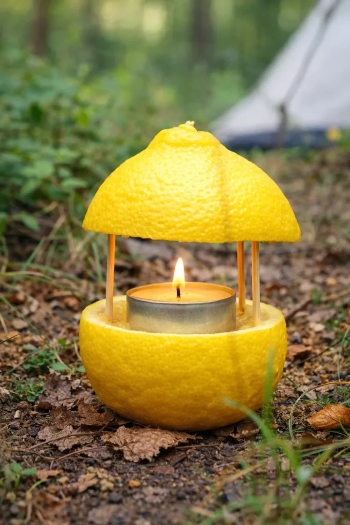sliced lemon held up with toothpicks, candle in the middle, mosquito repellent