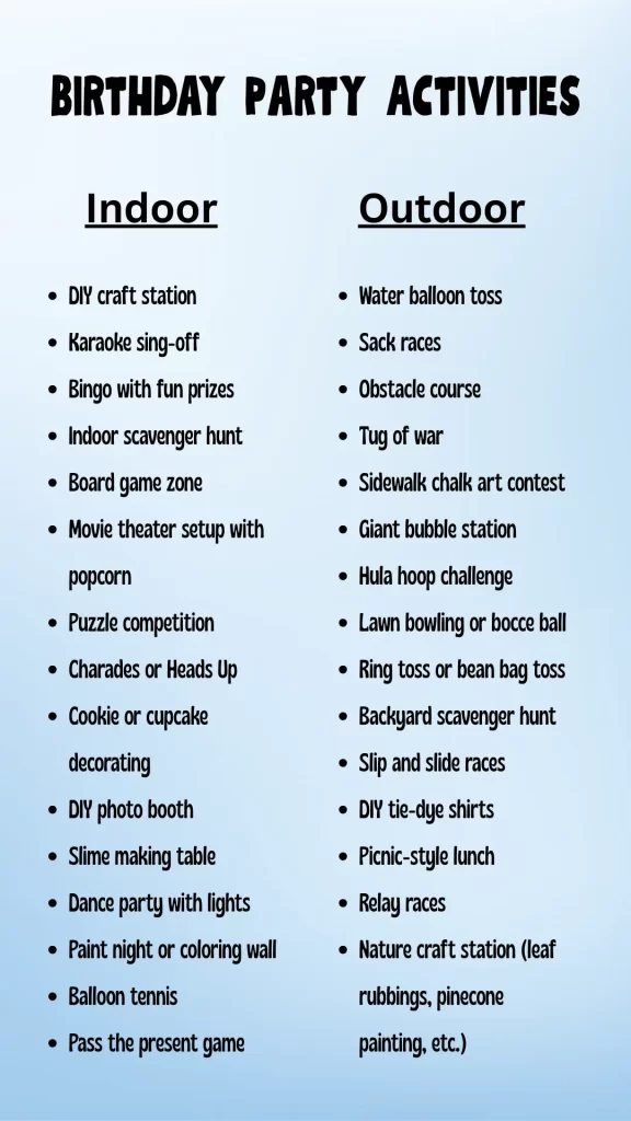 party ideas and things to do list