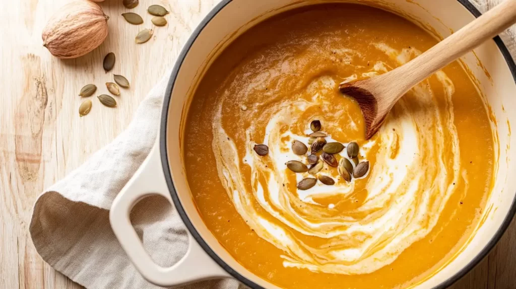 roasted butternut squash soup in a pot with wooden spoon