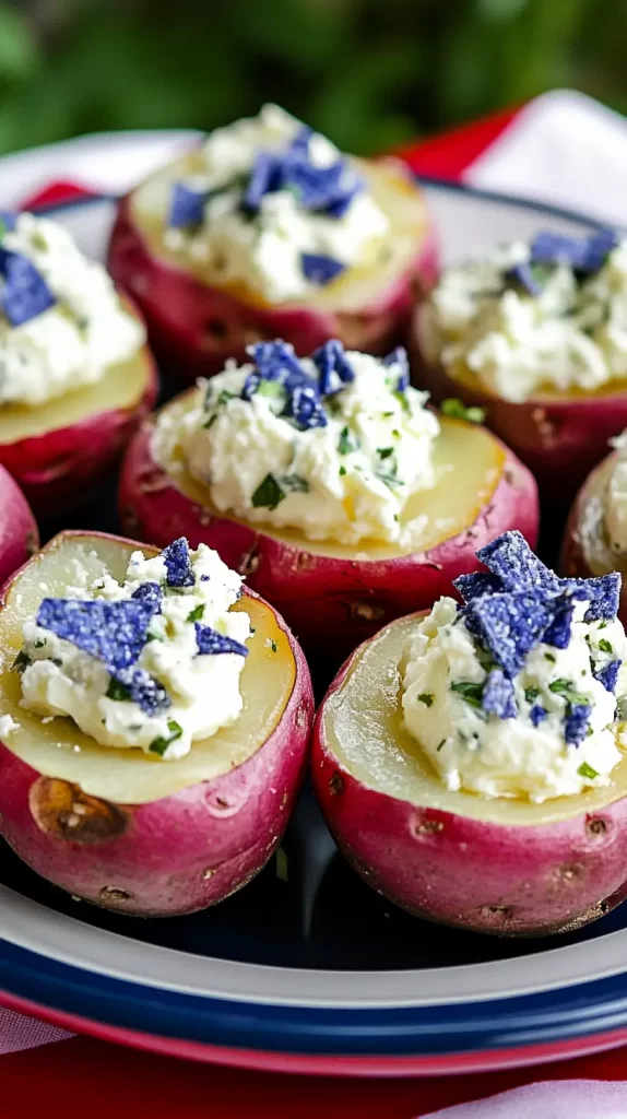deviled potatoes, red white and blue theme, on red white and blue stacked plates
