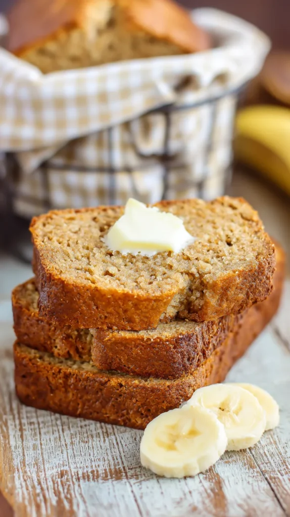 A warm, moist slice of homemade banana bread stacked on two more thick slices, with a generous pat of butter melting on top. The soft crumb and golden brown crust show a perfect texture, with a small bite taken out of the top slice. Two banana slices sit beside the bread on a rustic white wooden surface. In the blurred background, a wire basket holds the rest of the loaf wrapped in a light, checkered cloth, giving the scene a cozy, homemade feel. The image captures comfort, warmth, and fresh-baked simplicity in a charming, farmhouse kitchen style.