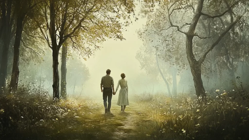 man and woman walking in the forest