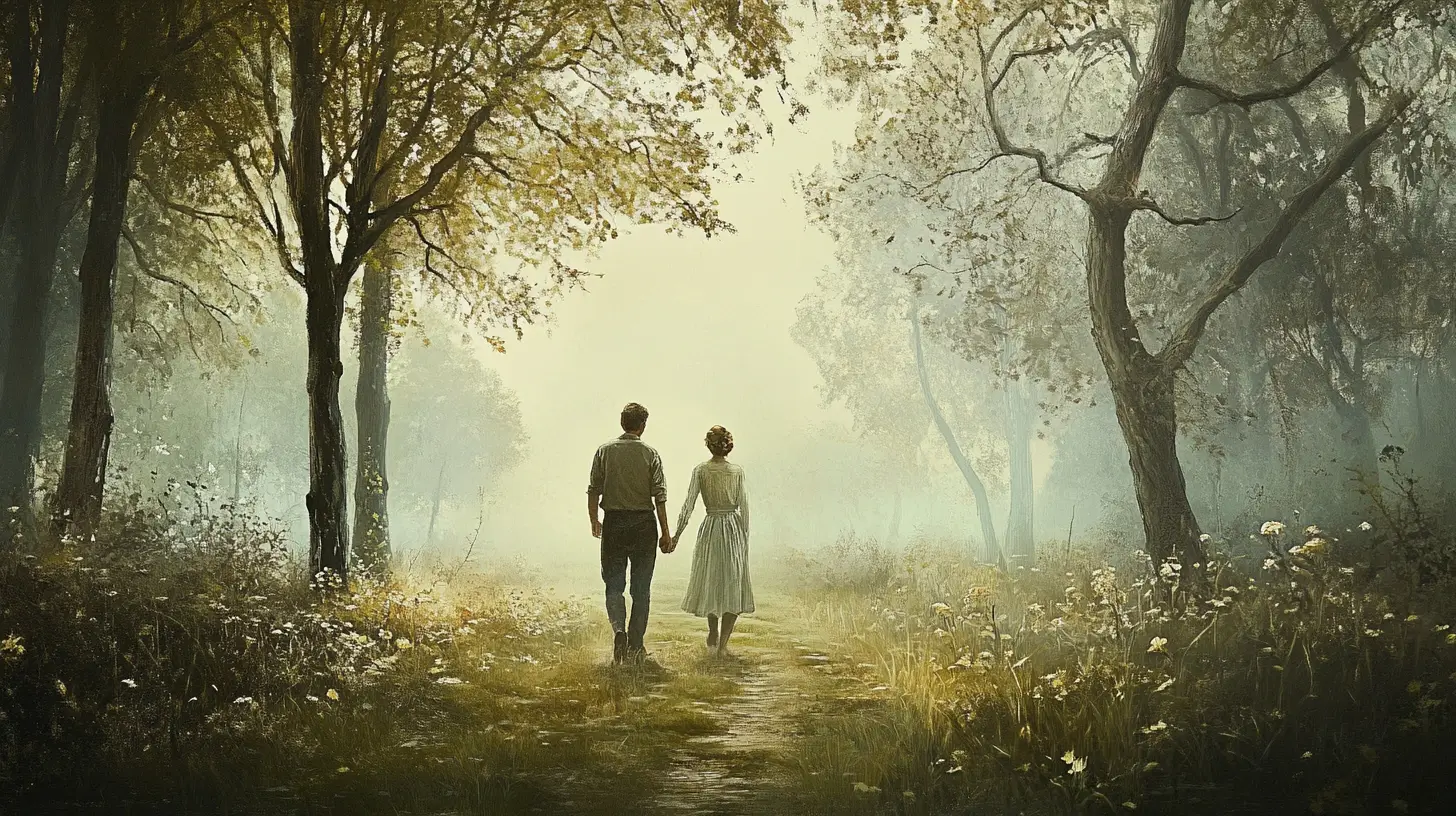man and woman walking in the forest