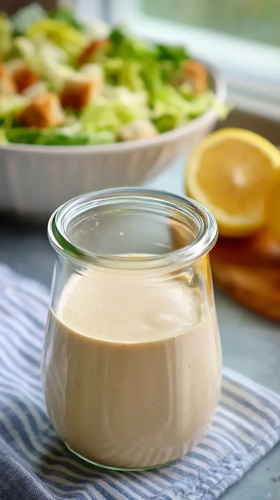 caesar dressing, salad in the background, lemon also in the back