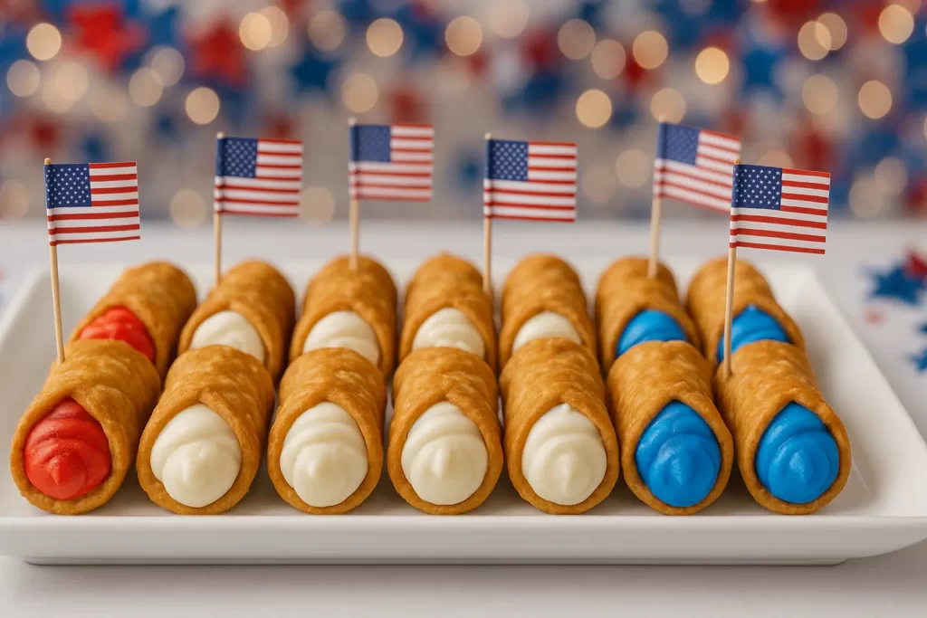 Patriotic red, white and blue cannoli with American flags