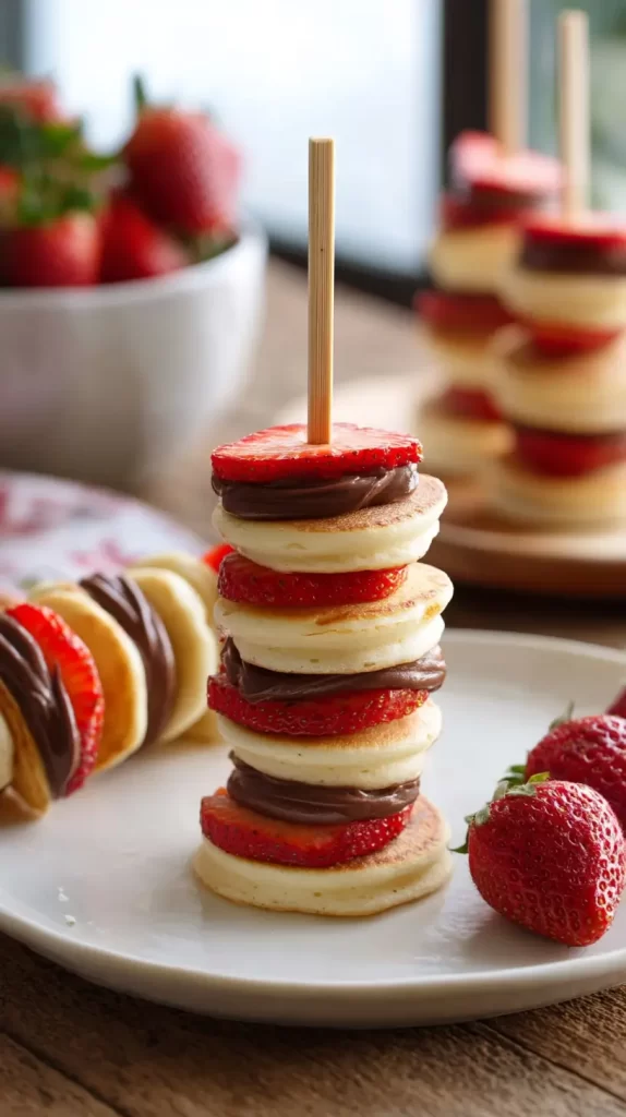 tall pancake skewer layered with chocolate sauce and strawberries