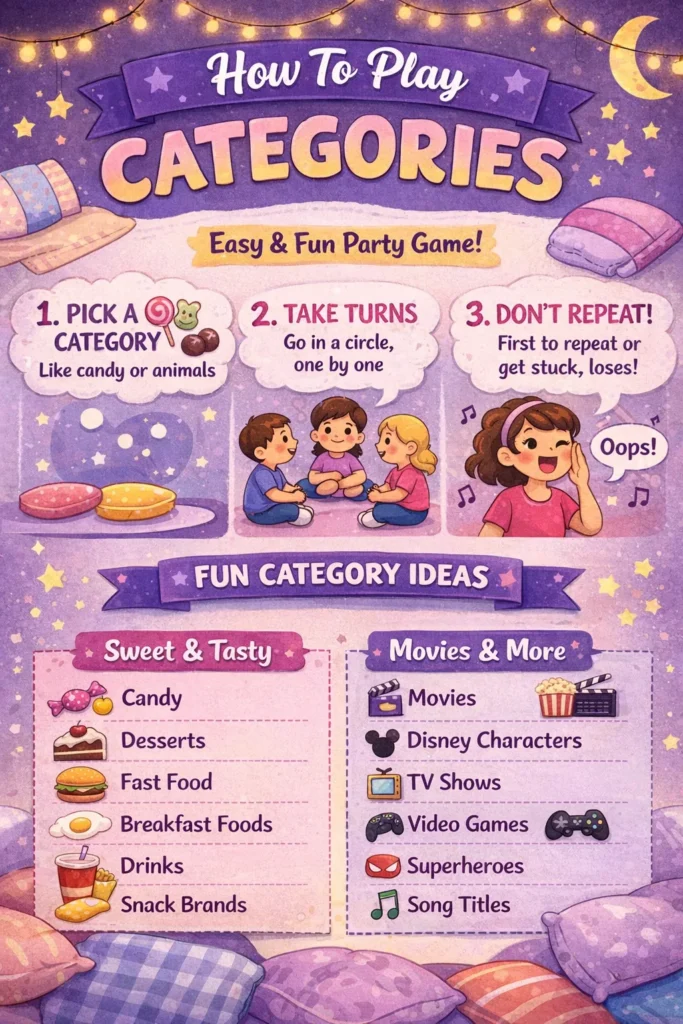 sleepover games, categories, rules, and instructions