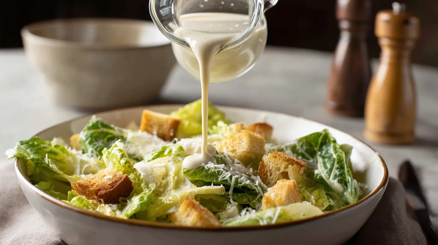 caesar dressing pouring onto a salad