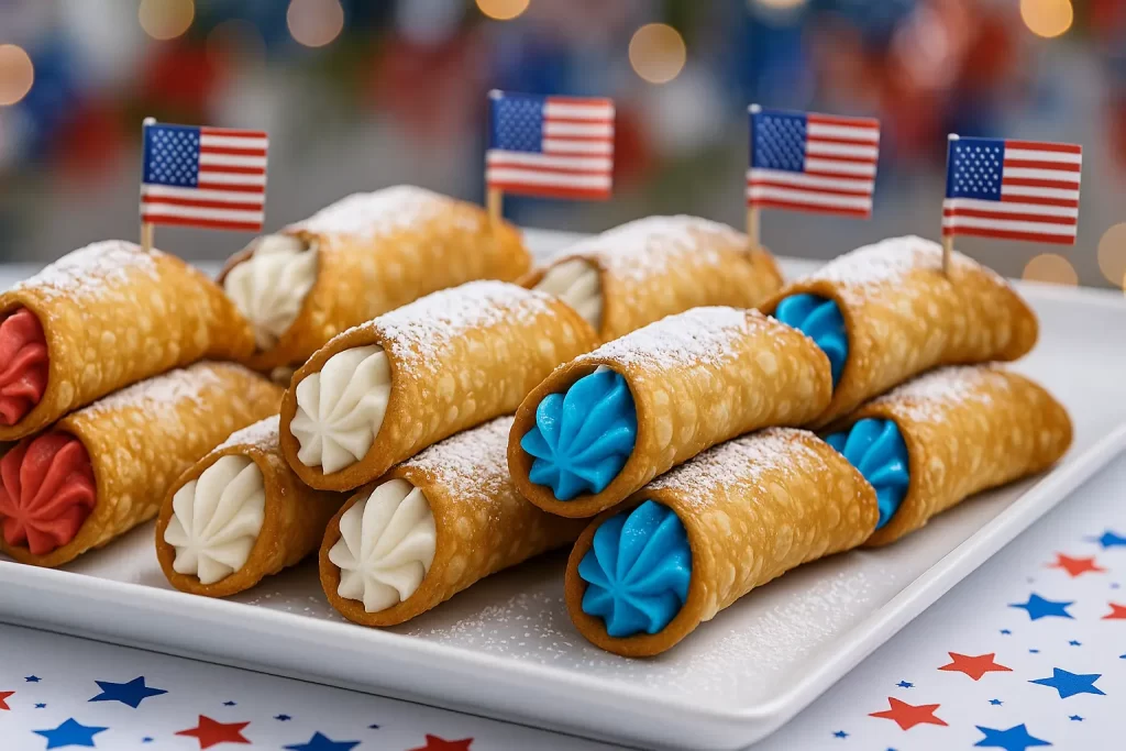 red, white and blue cannoli on a plate, festive Patriotic background