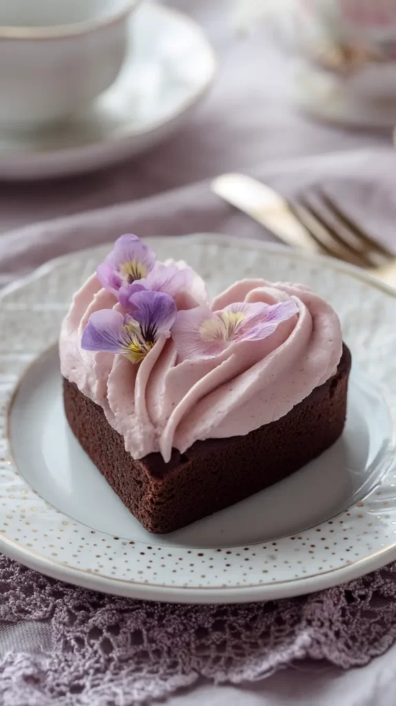 heart-shaped brownie with icing and edible flower, tea party desserts