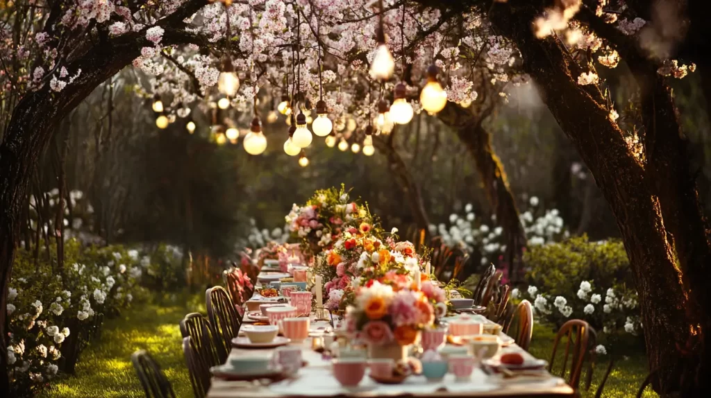 garden party table and outdoor lgihting