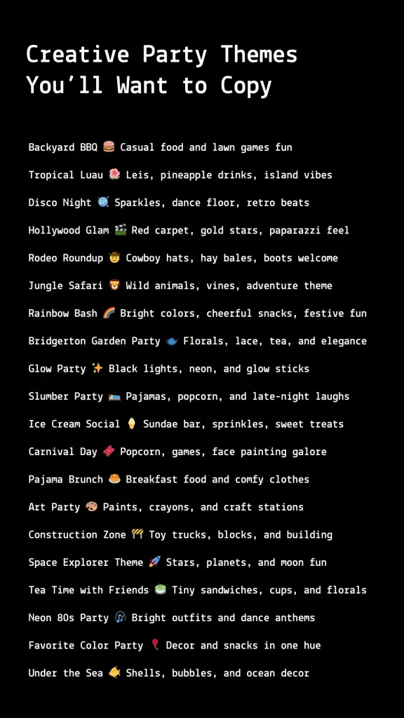 party themes list on black background with text and emojis