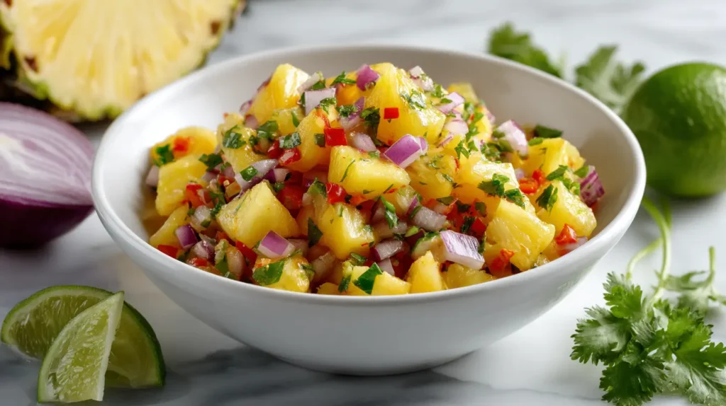 white dish of pineapple salsa