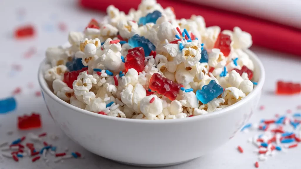 gummy bears, sprinkles, and popcorn in a white bowl