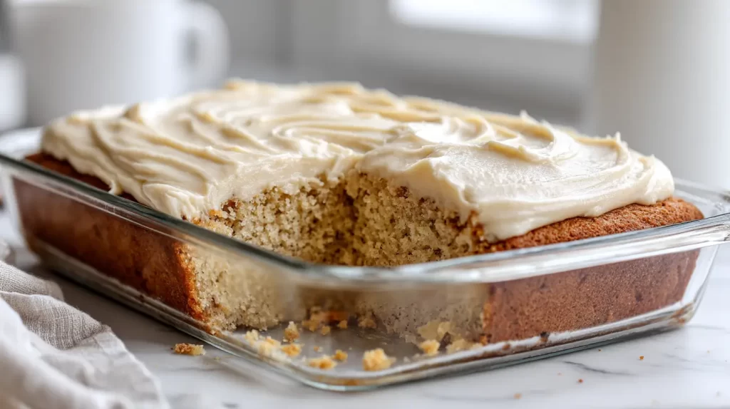 banana cake in a glass baking pan with icing