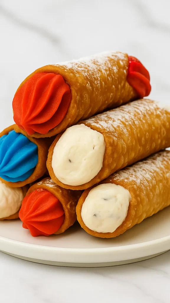 red, white and blue filled cannoli shells stacked on a white plate