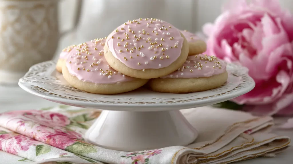 cookies on a cake stand, tea party desserts