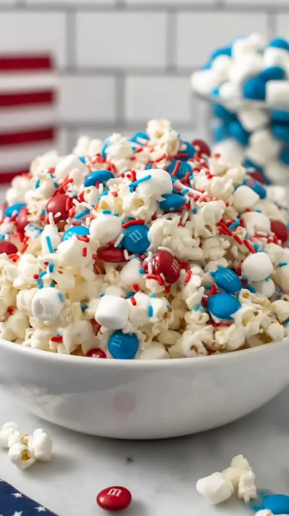 patriotic popcorn in a white bowl