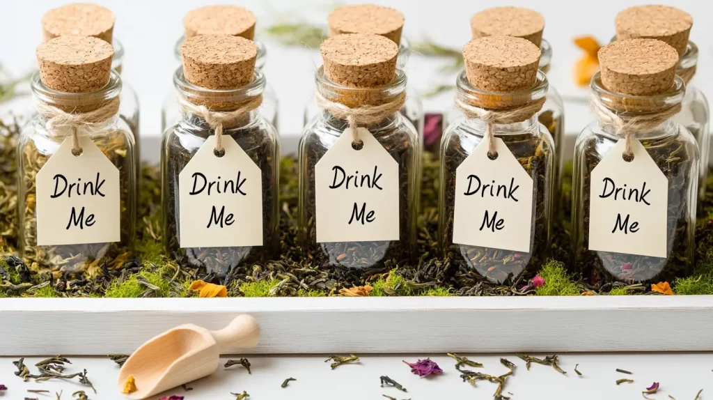 small drink me bottles with loose tea leaves inside, moss setting around the base