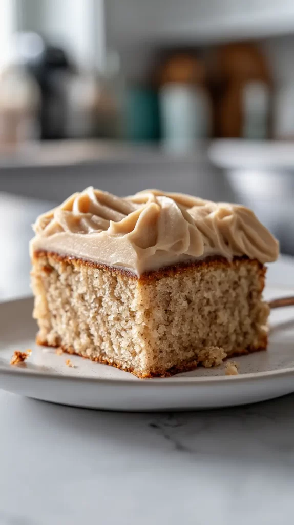 square slice of banana cake iced with maple cream cheese icing