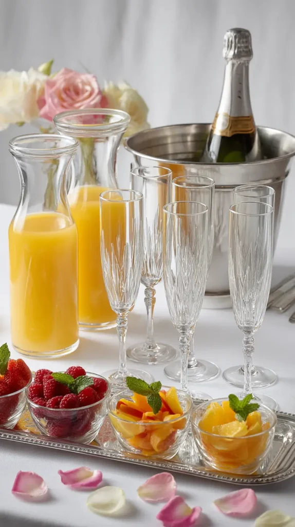 mimosa glasses, juice, champagne, fruit garnishes