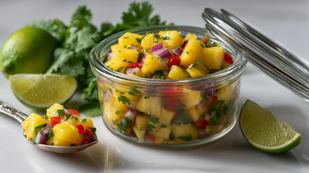 pineapple salsa in a clear food storage container