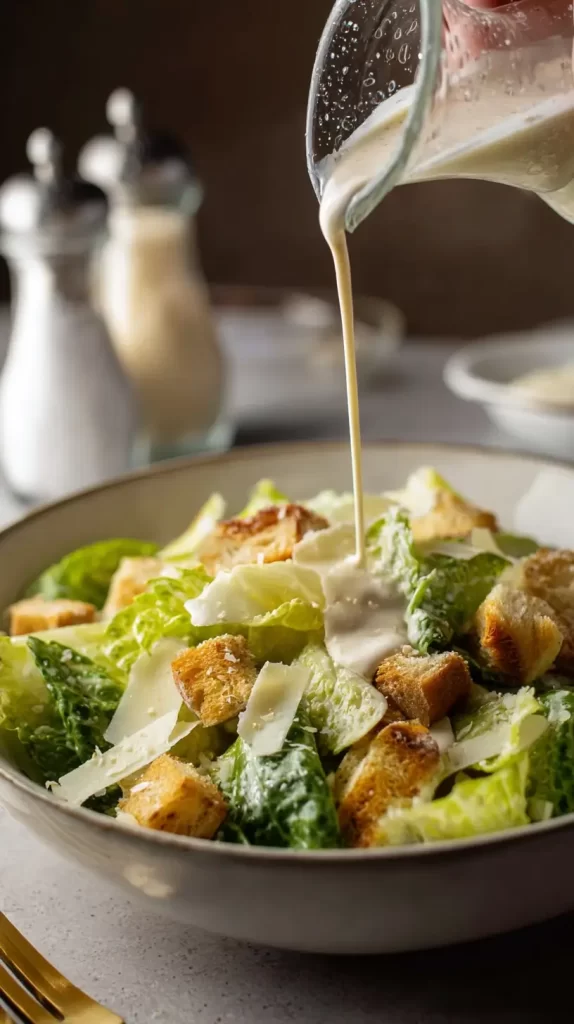 glass container pouring salad dressing onto a salad