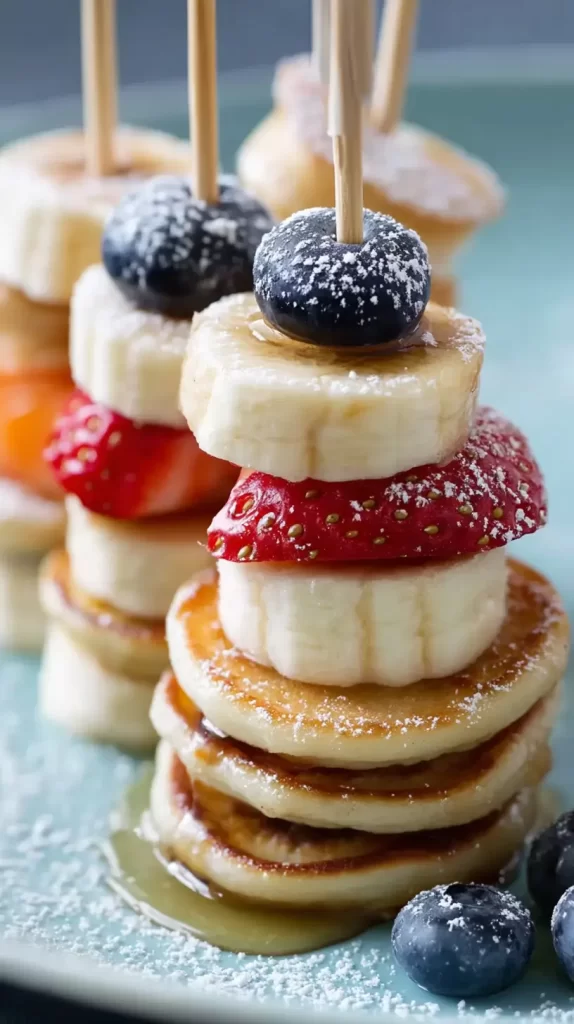 close-up of pancake skewers with fruit