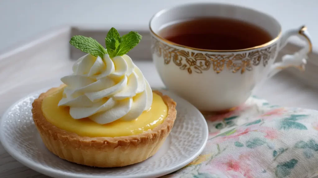 mini tart with cup of tea